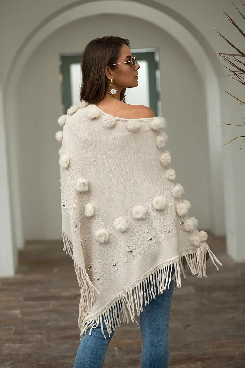 Fitshinling Fringe Hairball Bohemian Cloak Cape Oversized Sweater Female Knitwear Winter Clothing Irregular Poncho Women 2020