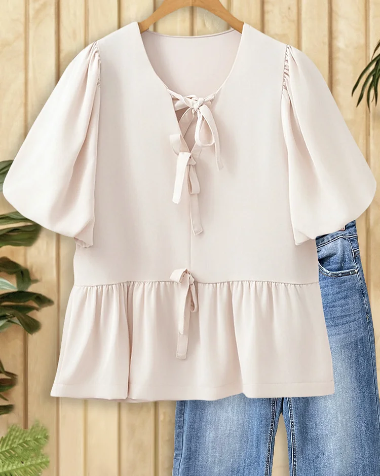 Solid Color Lace-Up Smart Peplum Blouse