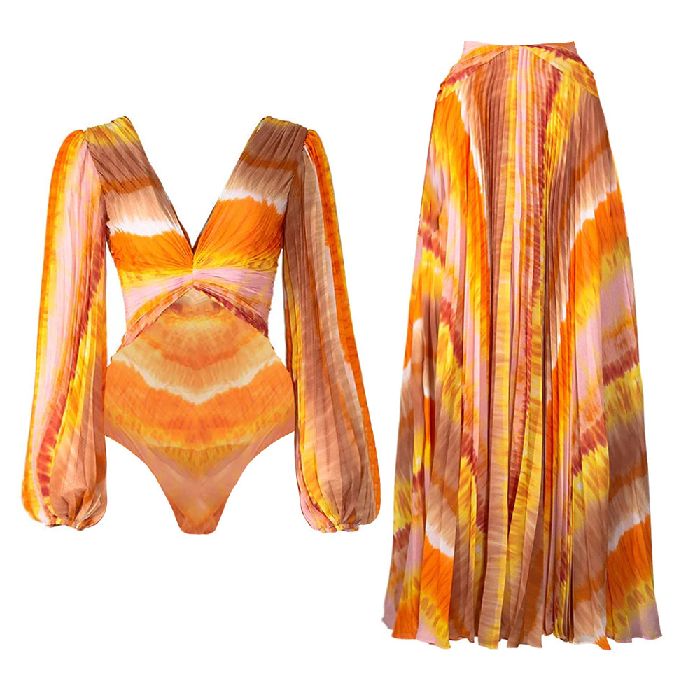 Ballifyex Printed Puff Sleeve Swimsuit With Cover Up Women Swimwear Sexy Bikinis Deep V Biquini Belt Swim Suit Bodysuit Bathsuit Beachwear