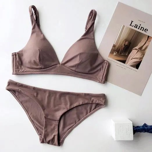 Wriufred Simple Comfortable Cotton Wire Free Underwear Set Women Triangle Cup Push Up Bralette Set Sleepwear Seamless Bra Sets