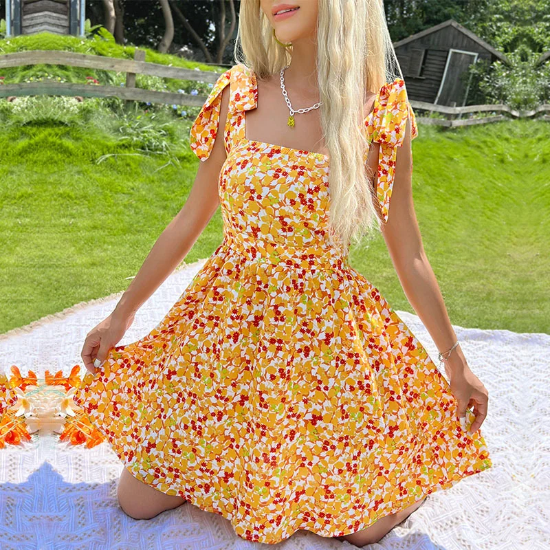 Elegant Floral Print Dress For Summer Dresses New Sexy Backless Lace-up Square Neck High Waist A-line Mini Dresses