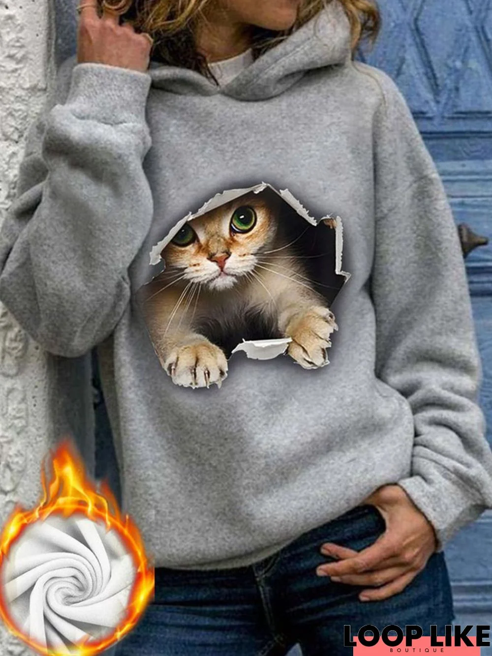 Plus Size Hoodie Cat Printed Casual Plush Sweatshirt