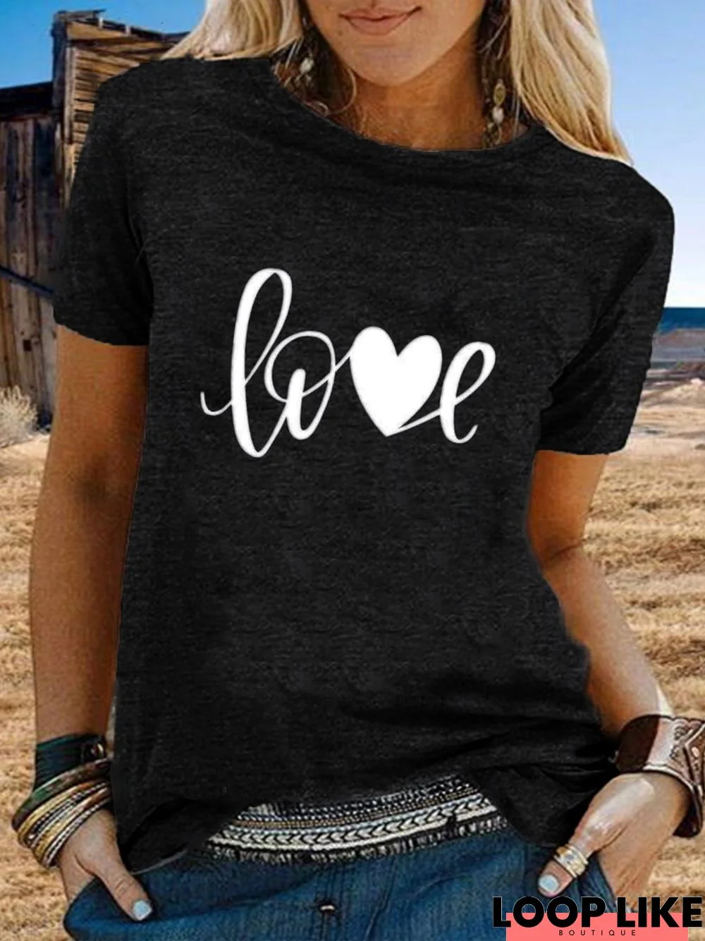 Vintage Short Sleeve Love Letter Printed Crew Neck Casual Tops