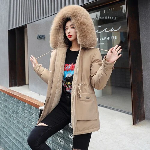 FTLZZ Large Fur Collar Hooded Jacket Winter Coat Women Thickness Cotton Padded Overcoat -30 Degree Snow Outwear Fur Lining Parka