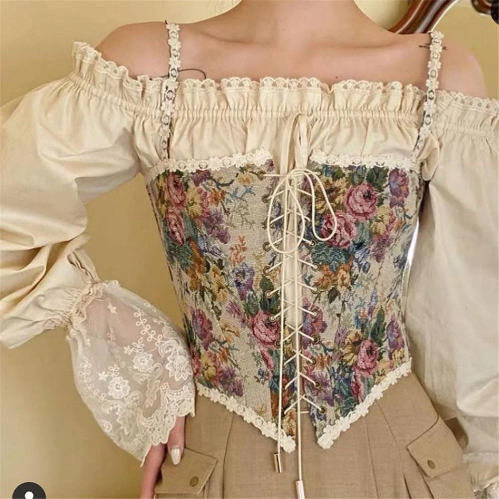 Billlnai  2023 Atopos Print Lace Up Tube Corset Crop Top French Vintage Women Bandage Camis Tank Cropped Tops Elegant Vest Woman Clothes