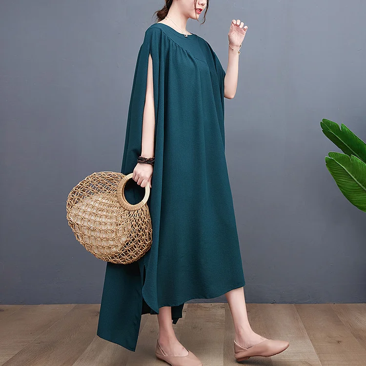 Casual Solid Color Short Sleeve Midi Dress - yankia