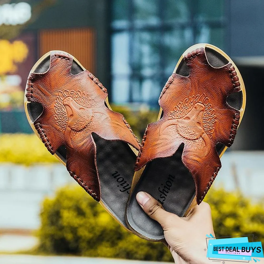 Men's Genuine Leather Non-Slip Sandal Shoes Breathable Beach Flip Flops Shoes