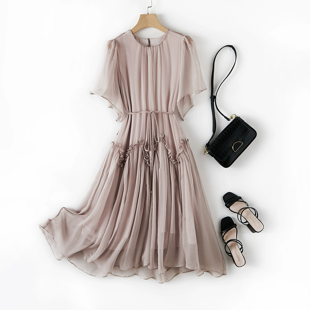 Light Nude-pink Silk Dress with Ruffled Details for Office REAL SILK LIFE