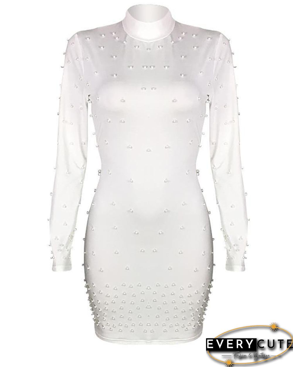 Beading Embellished Long Sleeve Bodycon Dress White Dresses