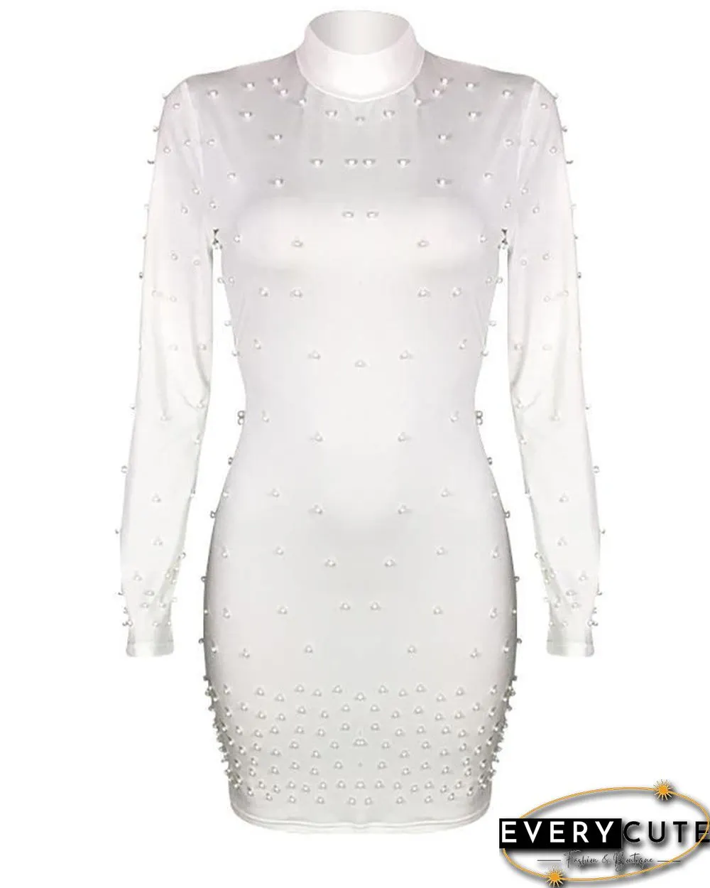 Beading Embellished Long Sleeve Bodycon Dress White Dresses
