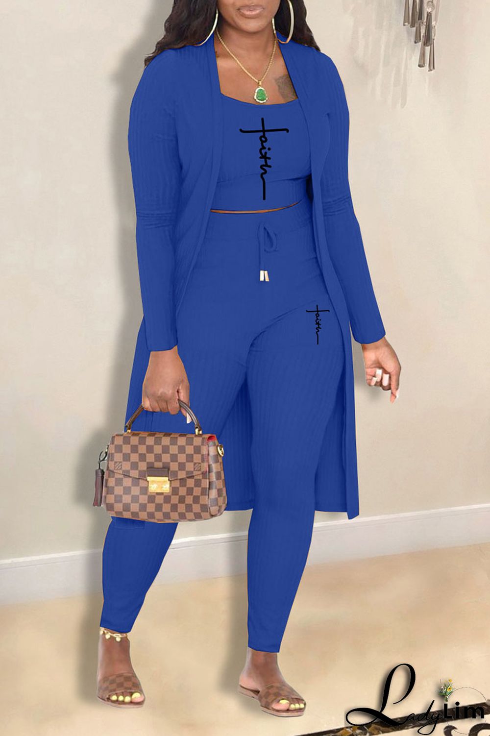 Blue Casual Print Patchwork U Neck Long Sleeve Two Pieces