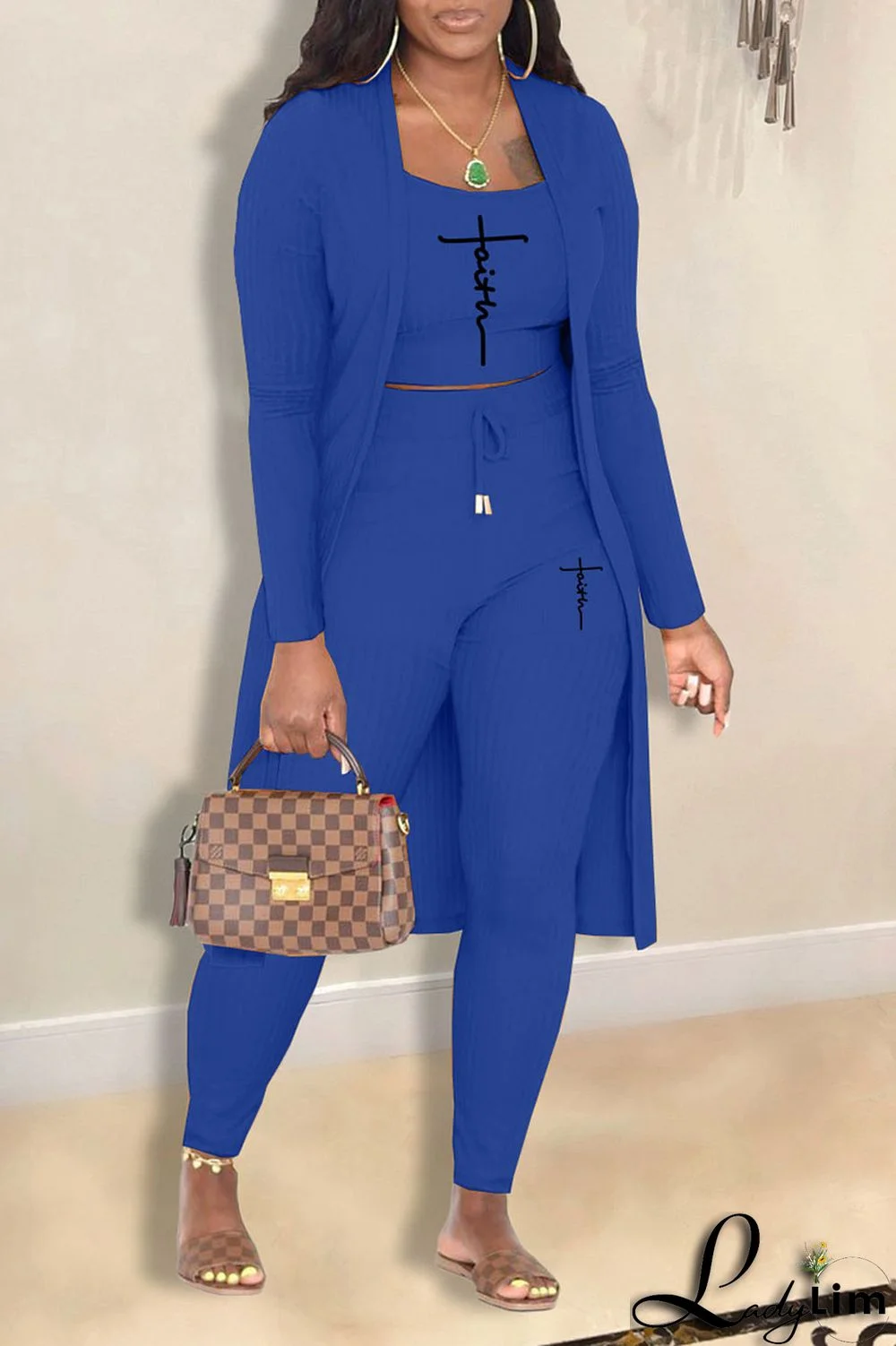 Blue Casual Print Patchwork U Neck Long Sleeve Two Pieces