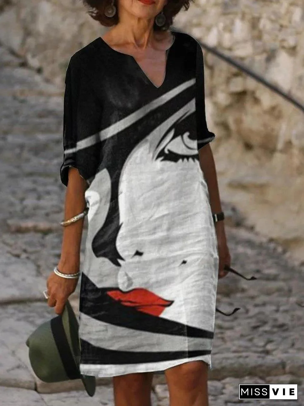 Women V-Neck Printed Short Sleeve Dress