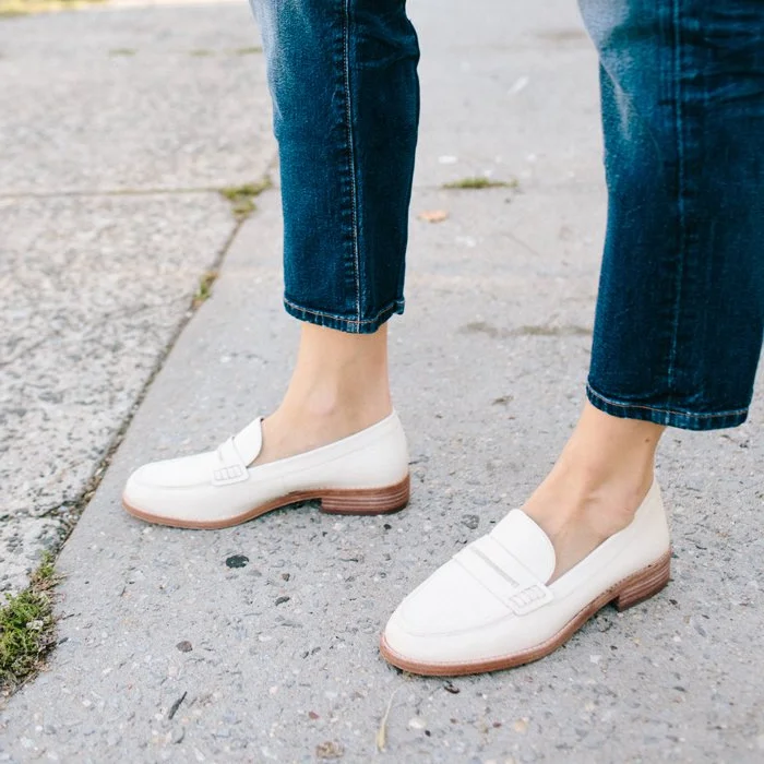 White Round Toe Vintage Flat Loafers for Women US Size 3-15 |FSJ Shoes