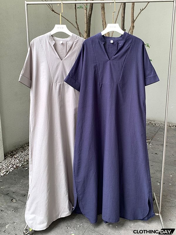 Loose Short Sleeves Solid Color V-Neck Maxi Dresses