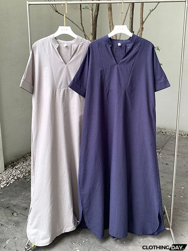 Loose Short Sleeves Solid Color V-Neck Maxi Dresses