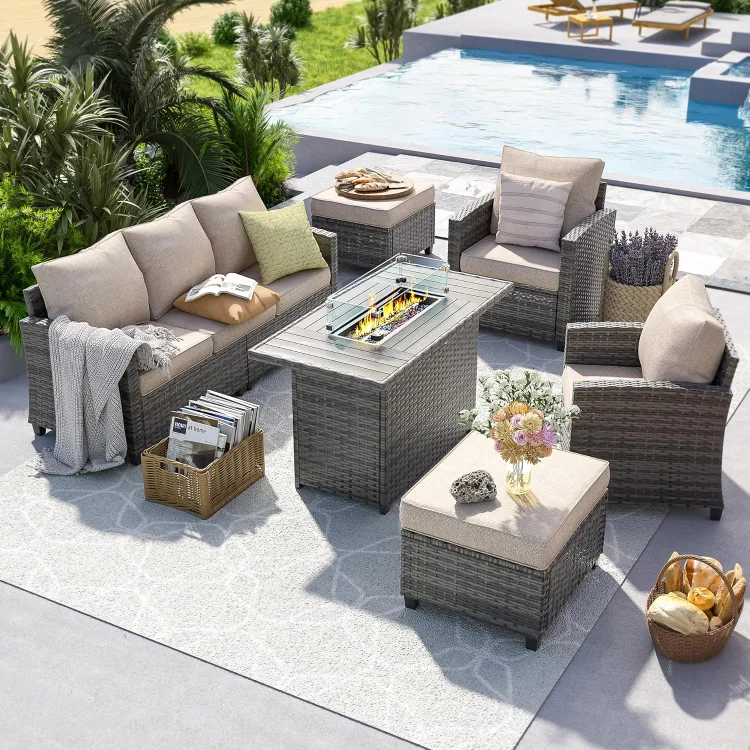 Patio Furniture Set with 44" Fire Pit Table, 6 Pieces Outdoor Sectional Conversation Sets, All-Weather Wicker Rattan Sofa Ottoman with 4" Thick Cushion for Garden Backyard Deck