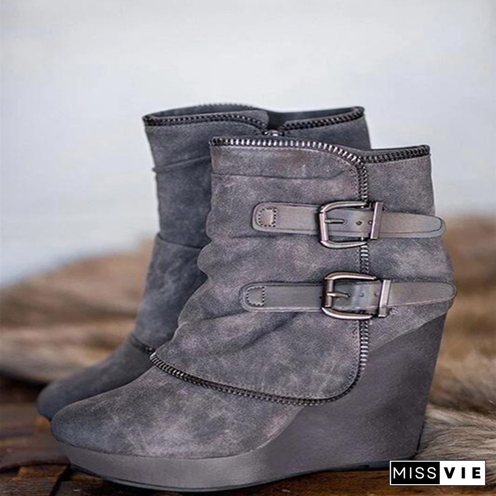 Ankle Boots Women Wedge Shoes Women's Boots Buckle Shoes Thick Heel Short Boot