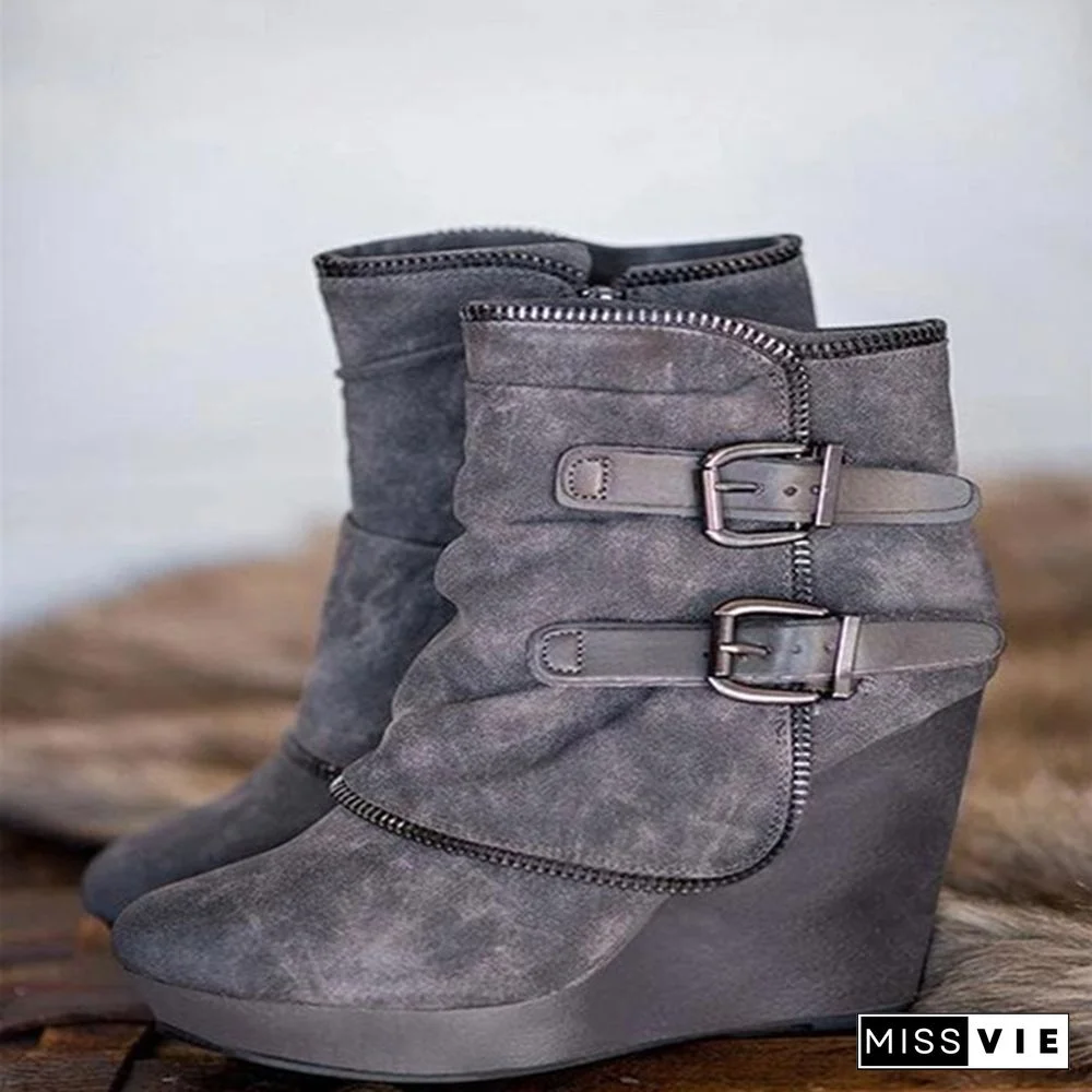 Ankle Boots Women Wedge Shoes Women's Boots Buckle Shoes Thick Heel Short Boot