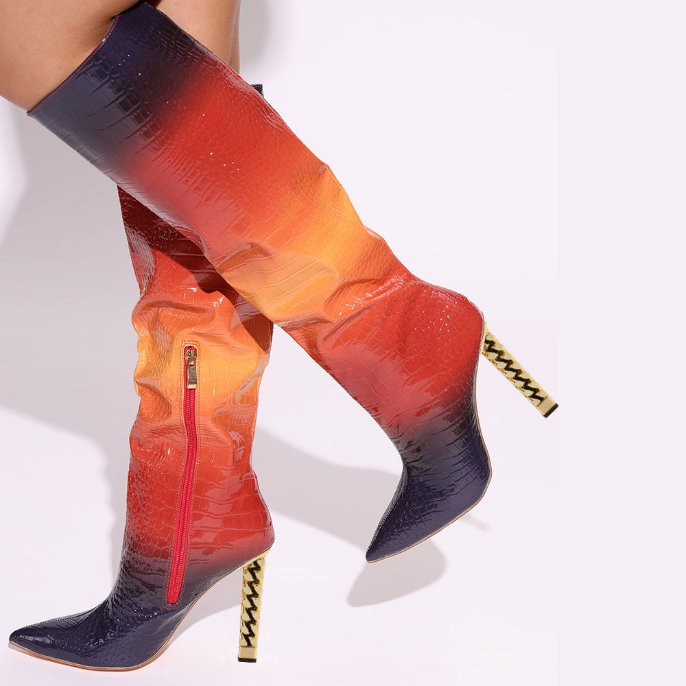 Women's Gradient Croco Embossed Decorative Heel Knee High Boots Nicepairs