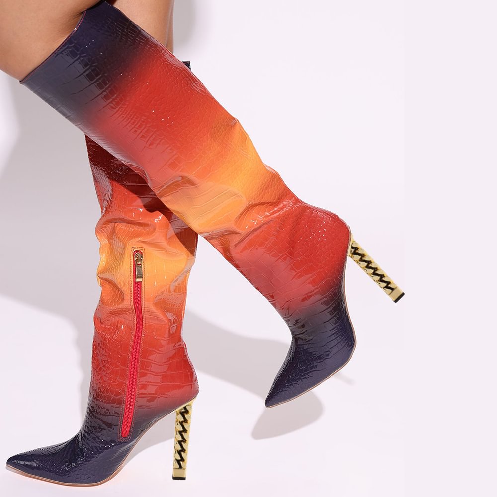 Gradient Knee Boots Pointed Toe Zipper Decorative Heel Boots Nicepairs