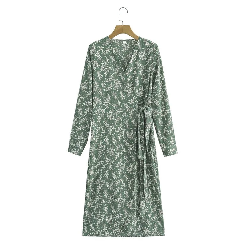 Tangada 2021 Women Green Flowers Print Dress with Slash Long Sleeve Office Ladies Midi Dres 8Y76