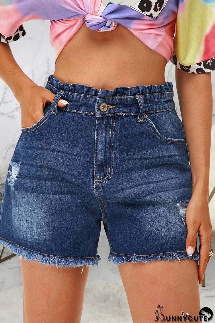 Dark Blue Fashion Casual Solid Tassel Ripped High Waist Regular Denim Shorts