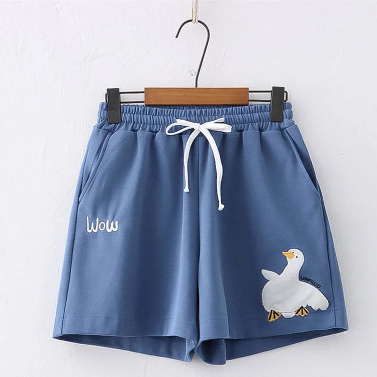 Cartoon Duck Embroidery Pocket Drawstring Shorts - Modakawa modakawa