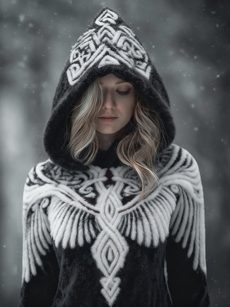 Vintage Viking Inspired Wings Pattern Cozy Plush Hoodie elevenforest