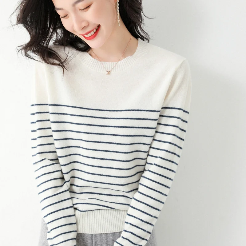Ueong Ueong Winter Sweater Female Long Sleeve Striped Round Collar Non-Cashmere Knit Bottom Shirt Loose Korean Fashion Jacket Female