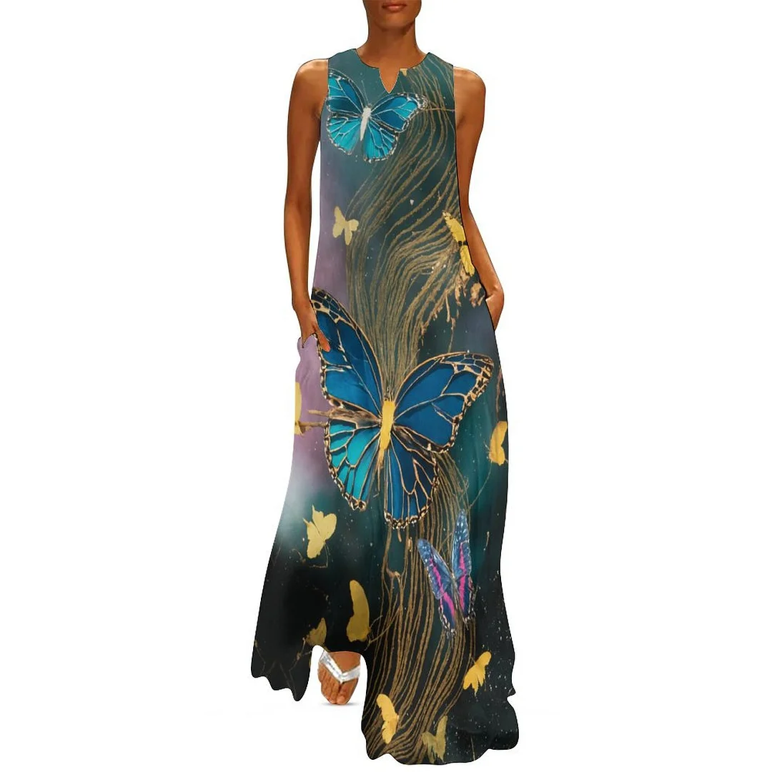 Style & Comfort for Mature Women Plus Size Printed Sleeveless Casual Women Maxi Dress with Pockets in Pattern Black, Gloden, Butterfly