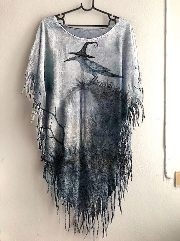 Women's Halloween Bird Print Top with Witch Hat