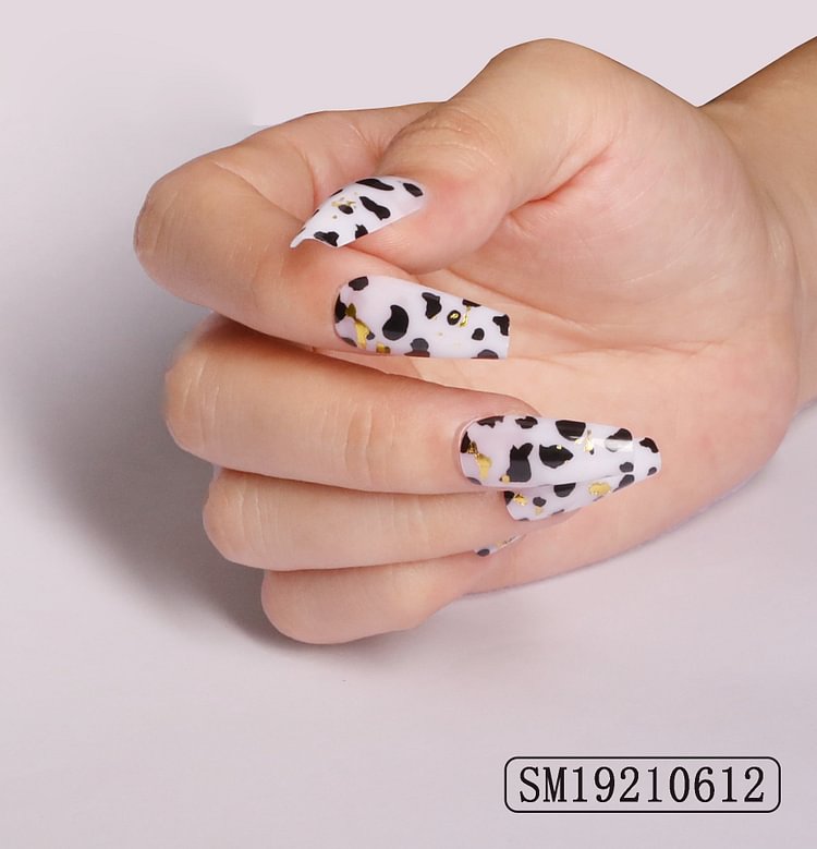 24pcs Black white mix and match cow print fake nails Long coffin false nail UV design gel popular Black spots Art Design Ballet