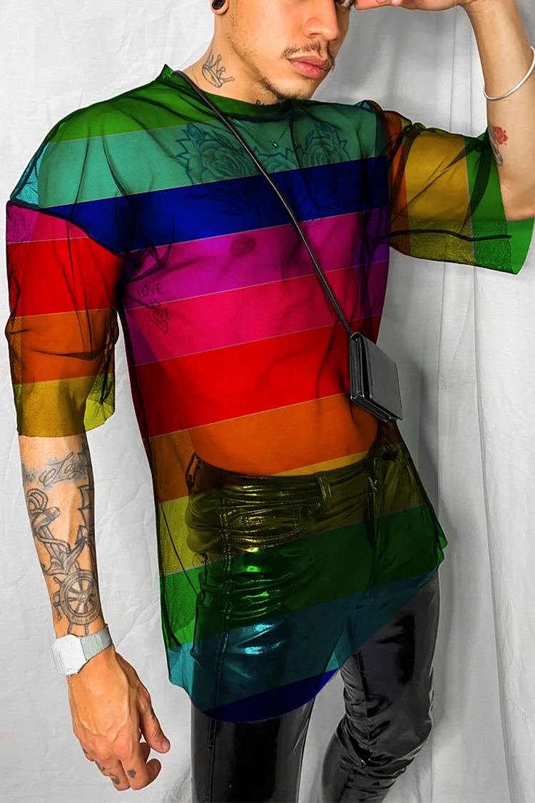 Ciciful See Through Rainbow Stripe Mesh Short Sleeve T-Shirt 