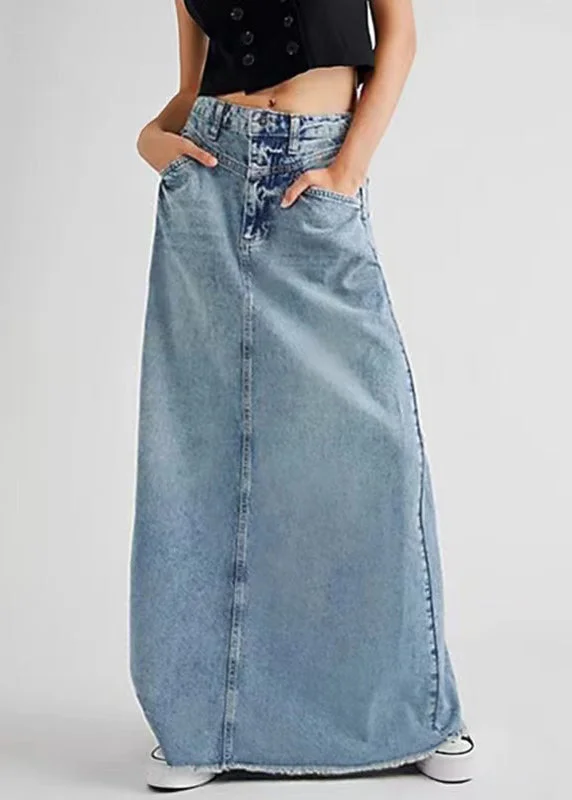 Art Blue Pockets Tasseled High Waist Denim Skirt Summer