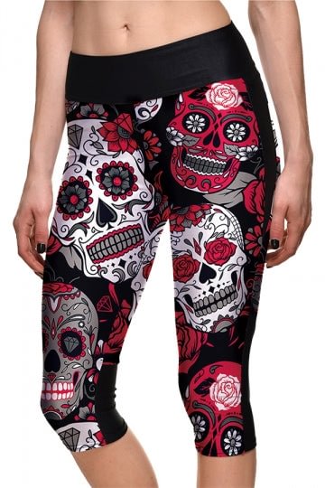 Womens Skinny Halloween Skull And Rose Printed Capri Leggings Dark Red-elleschic