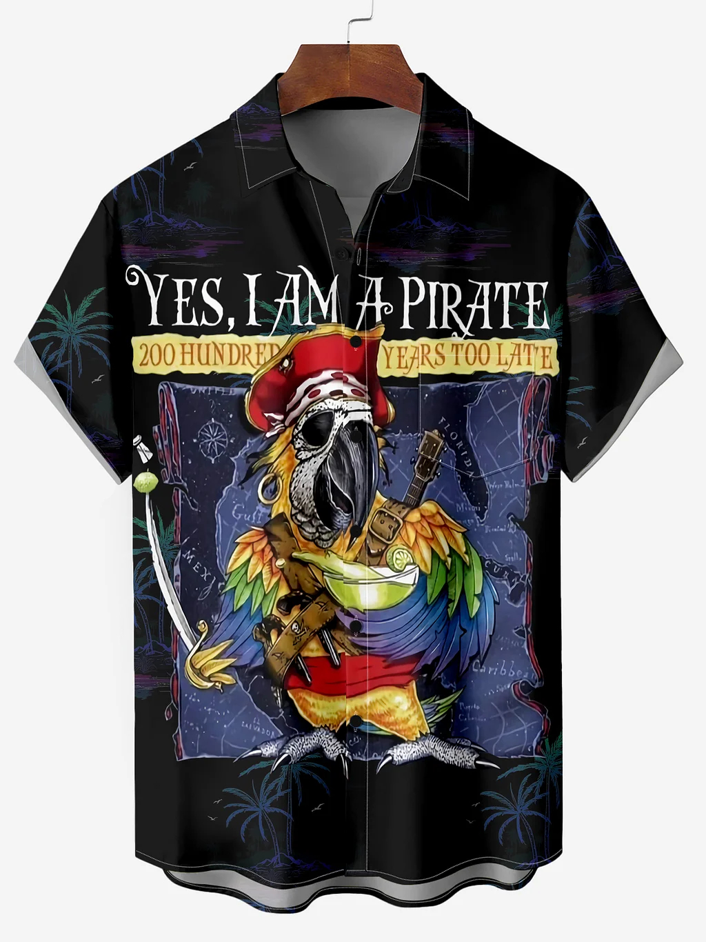 Men's Hawaiian Island Parrot Pirate Mr. Map Print Shirt PLUSCLOTHESMAN