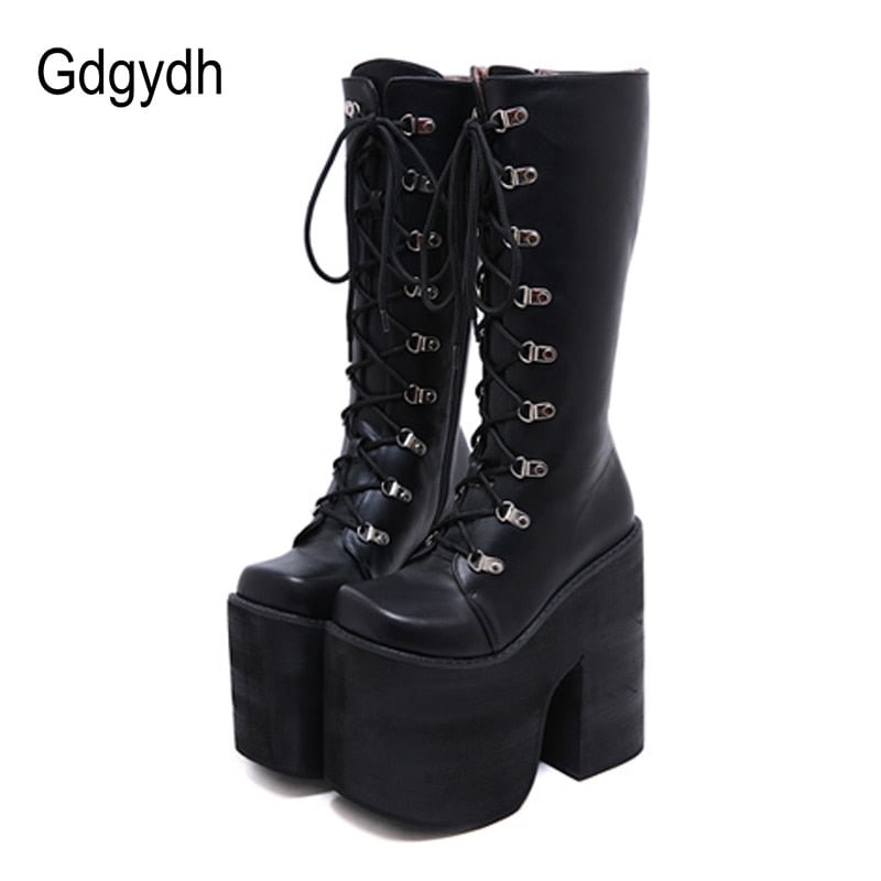 Gdgydh Large Size 43 Thick Platform Extreme High Heels 17cm Cool Motorcycles Boots Punk Style Shoelaces Knee High Boots Winter