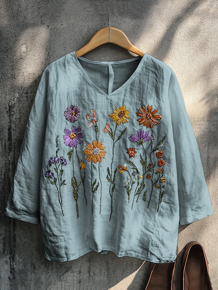 VChics Boho Floral Embroidery Print Cotton And Linen Blend Loose Blouse