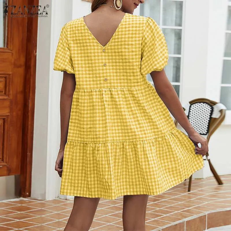 ZANZEA Women Fashion Plaid Checked Mini Dress Casual Loose Summer Dress Short Sleeve Ruffles Party Sundress Sexy Beach Vestido