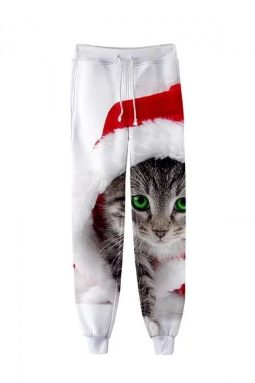 Plus Size Christmas Cat Jogger Pants White-elleschic