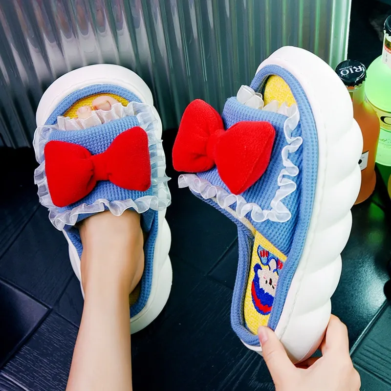 Yyvonne New Fashion Linen Slippers Women Cute Squirrel Home Platform Slippers Comfort Cartoon Couple Ladies Slides Free Shipping