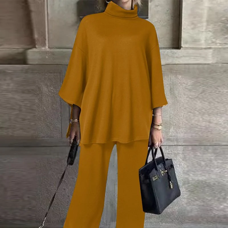 Celmia 2022 Fashion Women 2 Pieces Autumn Pant High Set Collar 3/4 Sleeve Tops and Wide Leg Long Pants Casual Loose Solid Suits