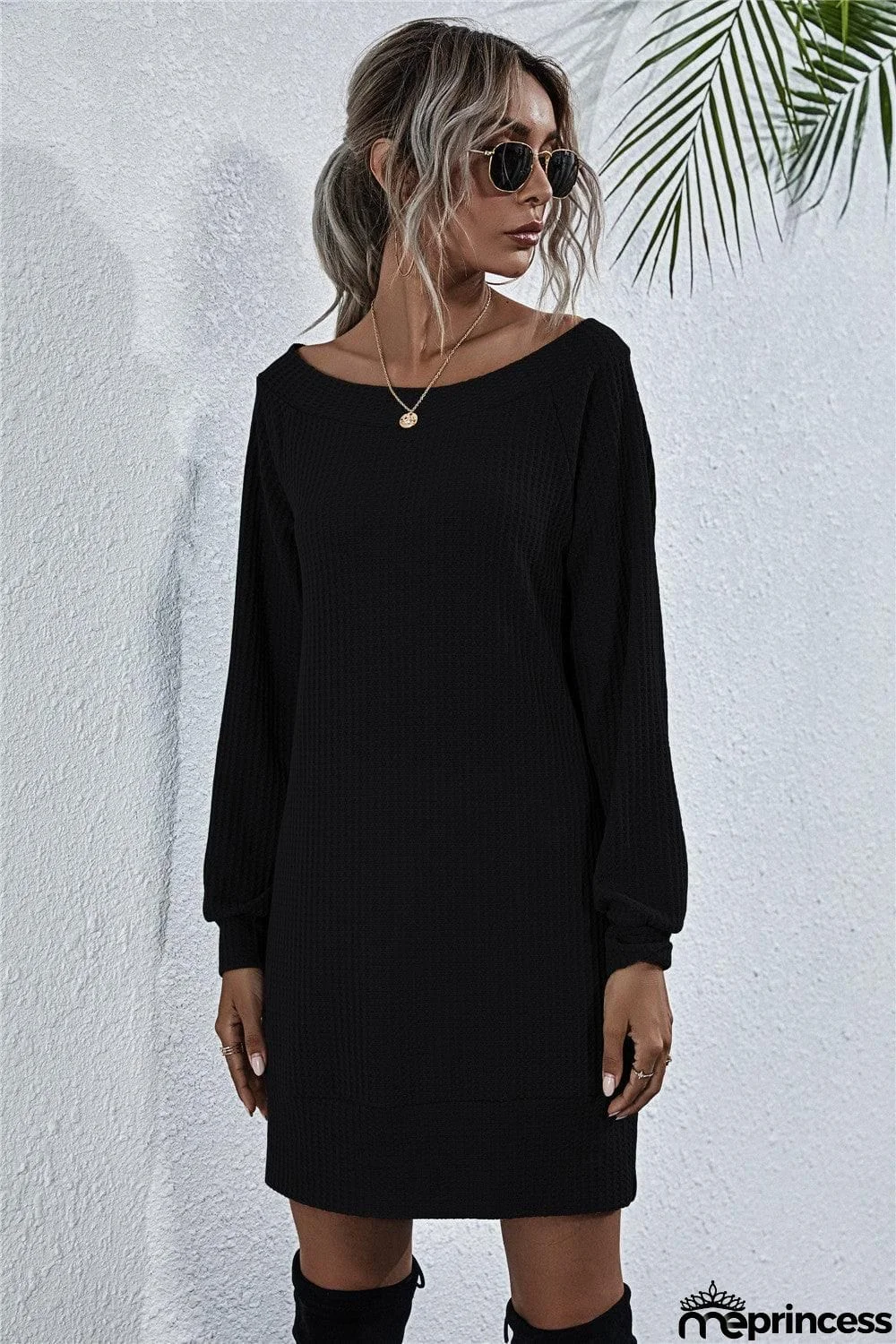 Waffle-Knit Boat Neck Mini Dress