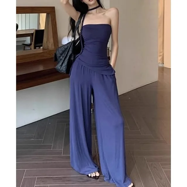 Leg Strapless Wide Tube Waist / Pants Drawstring Plain Top