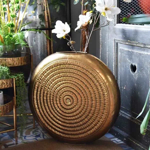 Timeless Antique Gold Oval Embossed Metal Vase