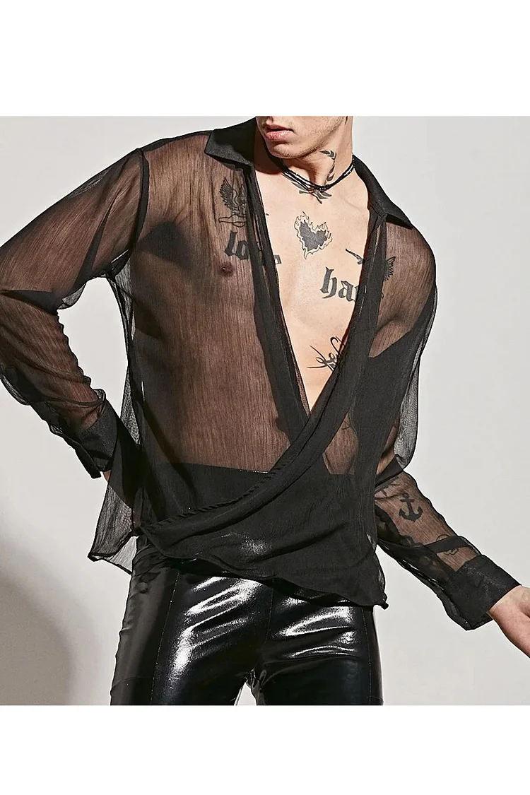 Mesh See-Through Cross Deep V-Neck Casual Shirt [Pre-Order]