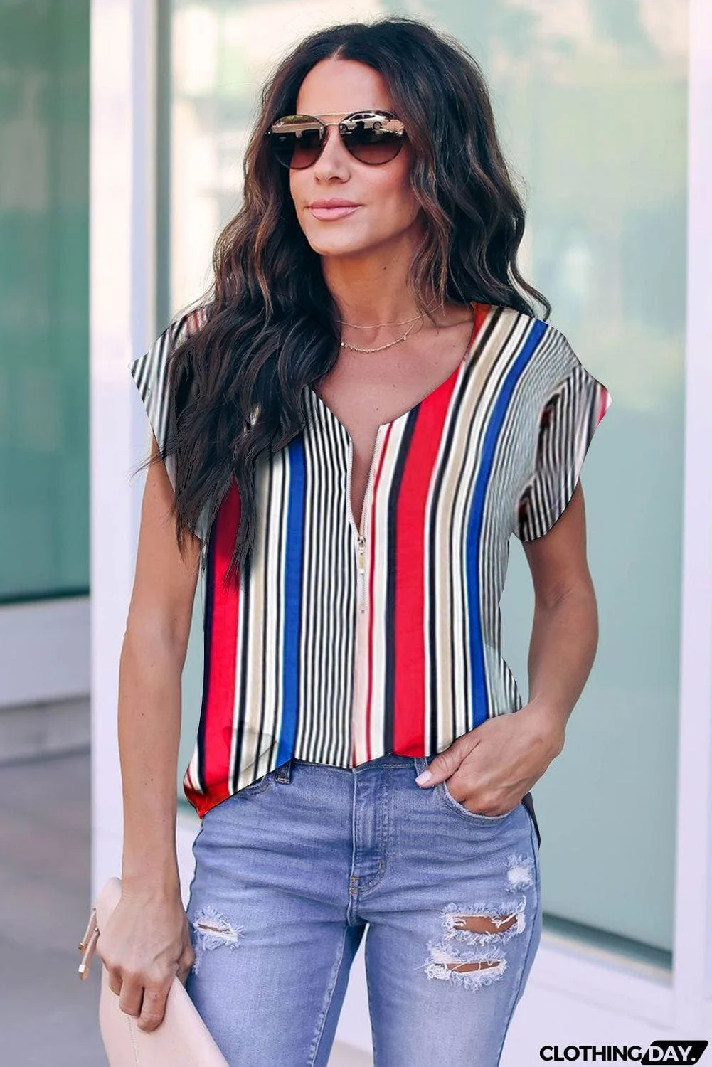 V Neck Stripes Roll up Short Sleeve Zip Up Blouse