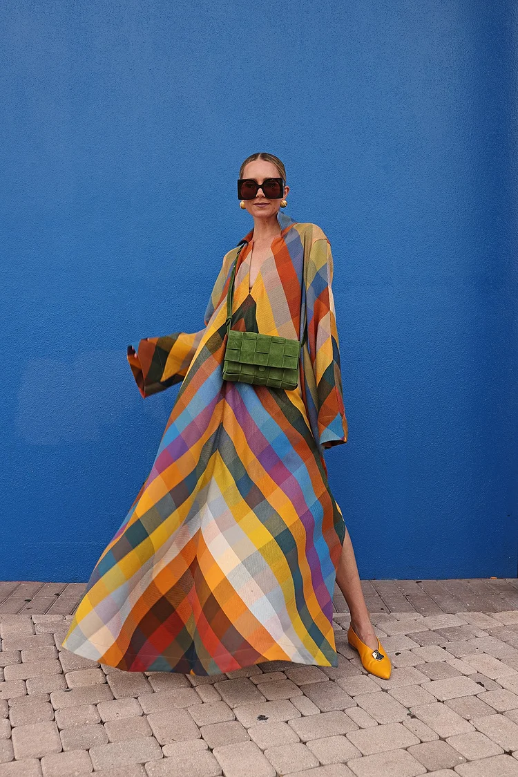Casual Colorful Plaid Long Sleeve Maxi Dress