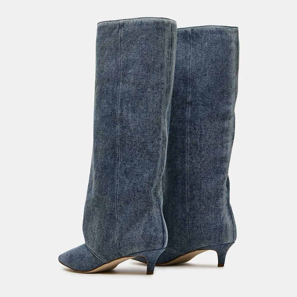 Stylish Denim Pointed Toe Pull On Knee High Heeled Boots in Blue